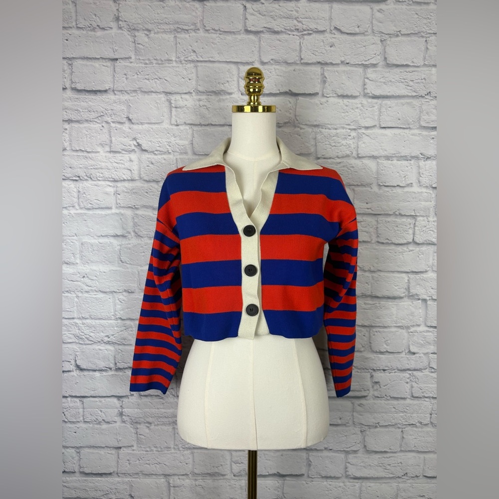 Zara Striped Knit Navy/Red Cardigan size S - Picture 3 of 8